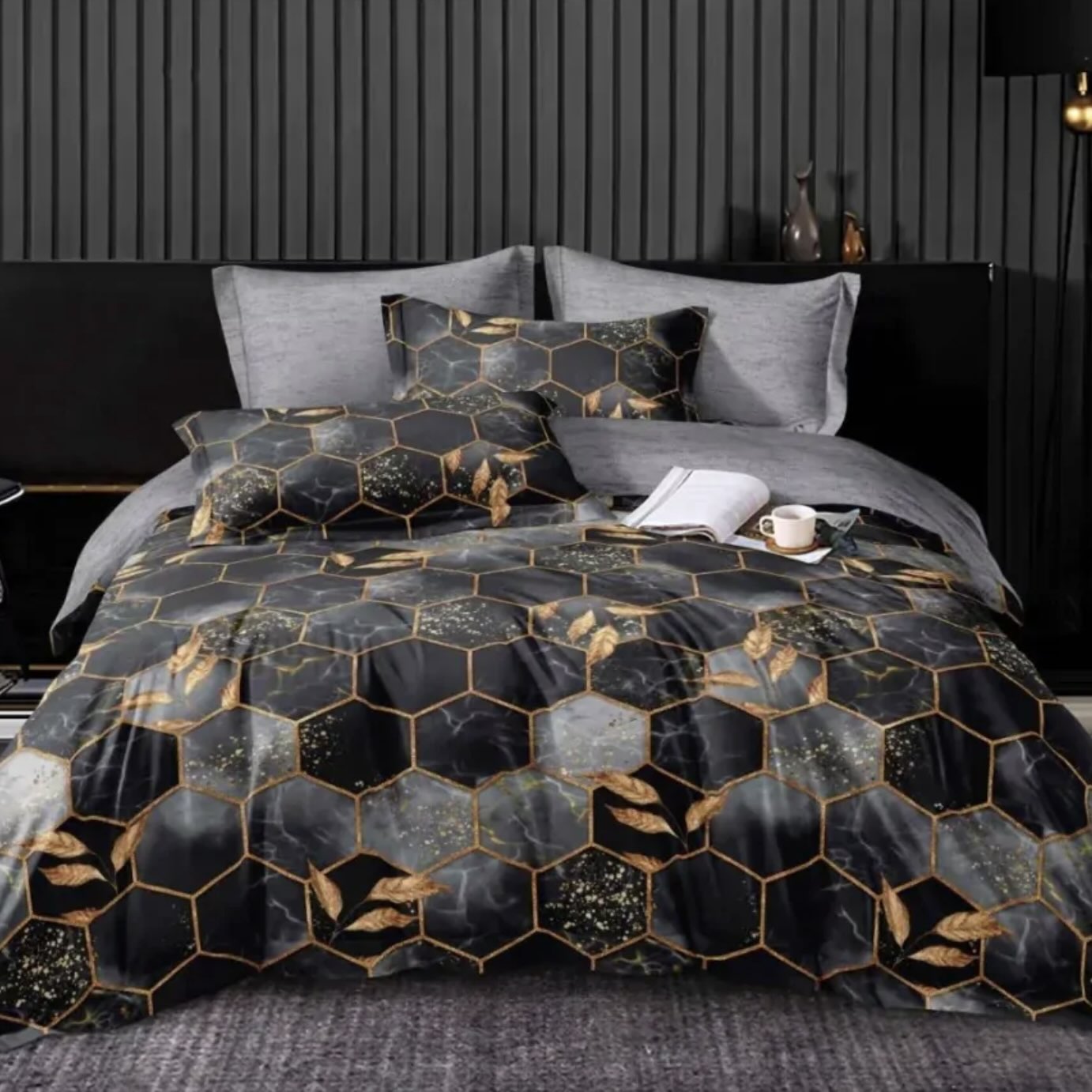 4 dielna sada obliečok na 2 postele Dark Shadow Honeycombs