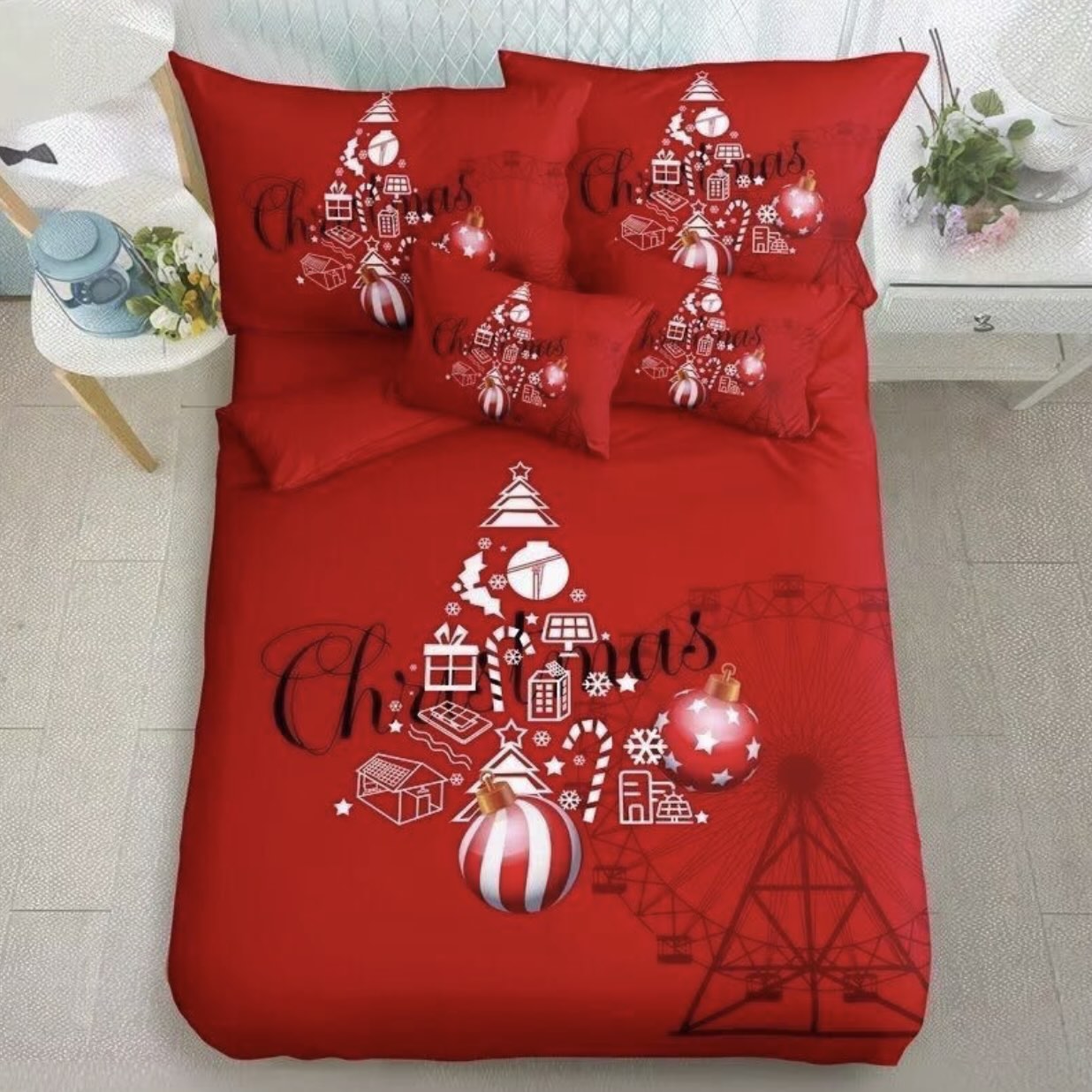 7 dielna súprava obliečok na 2 postele - plachta ZADARMO Red Christmas